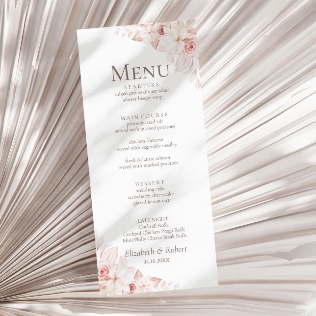 Romantische "Soft Pink Roses Wedding Menu" Menükarte (Romantic Soft Pink Roses Wedding Menu on a sunny white dry palm leaf.)
