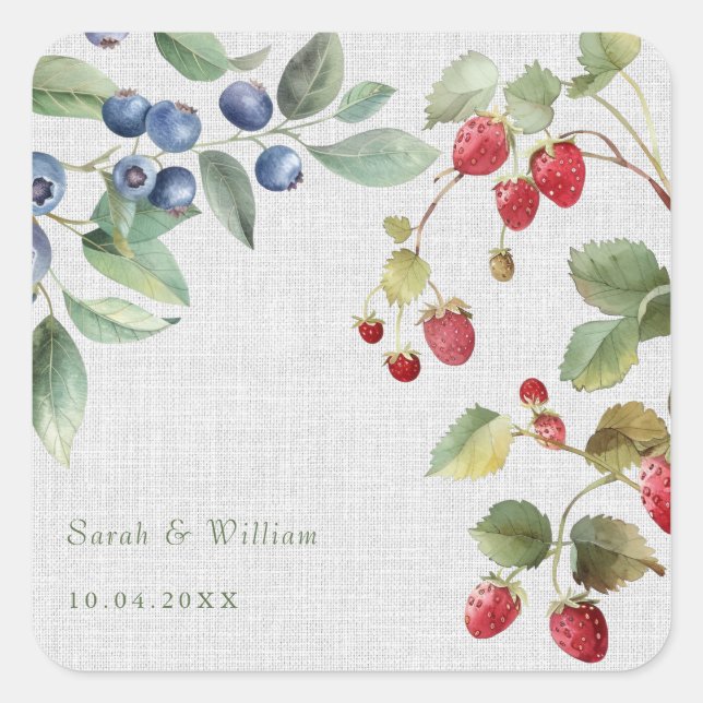 Romantische Sommerbeeren Hochzeitsticker Quadratischer Aufkleber (Vorderseite)