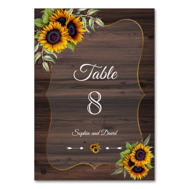 Romantische Sonnenblumen Wood Wedding TISCHNUMMER (Vorderseite)