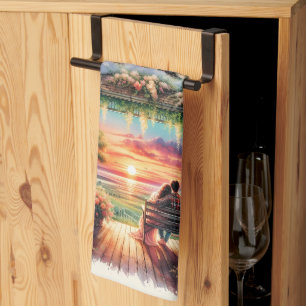 Romantische Sonnenuntergangs-Veranda-Illustration Geschirrtuch