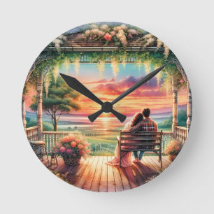 Romantische Sonnenuntergangs-Veranda-Illustration Runde Wanduhr