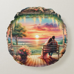 Romantische Sonnenuntergangs-Veranda-Illustration Rundes Kissen