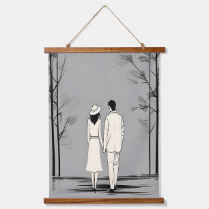 Romantische Spaziergänge Minimalistische Linie Art Wandteppich Mit Holzrahmen