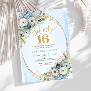 Romantische staubblaue Blumen Sweet Sixteen Einlad Einladung