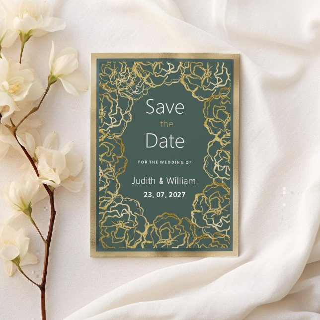 Romantische staubgrüne goldene Rose Save the Date Einladung (Romantic dusty green gold rose flora Save the Date)