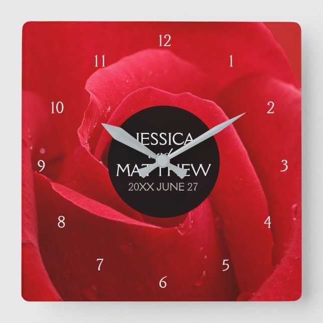 Romantische stilvolle Rote Rose Blumenhochzeit Quadratische Wanduhr (Vorderseite)