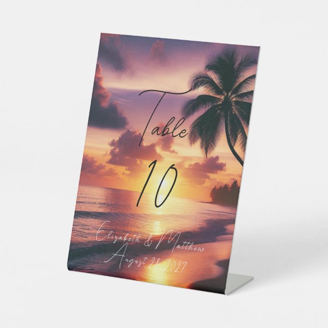 Romantische Sunset Beach Hochzeit Tischnummer Sockelschild (Vorderseite)