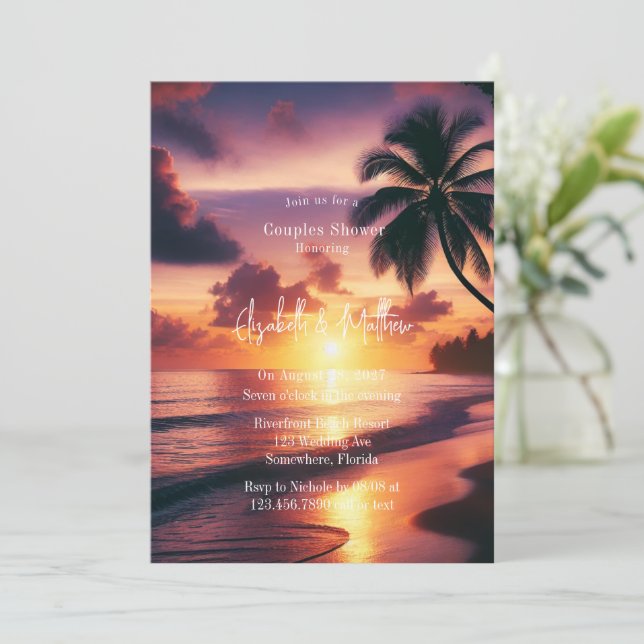 Romantische Sunset Beach Paare Dusche Einladung (Stehend Vorderseite)