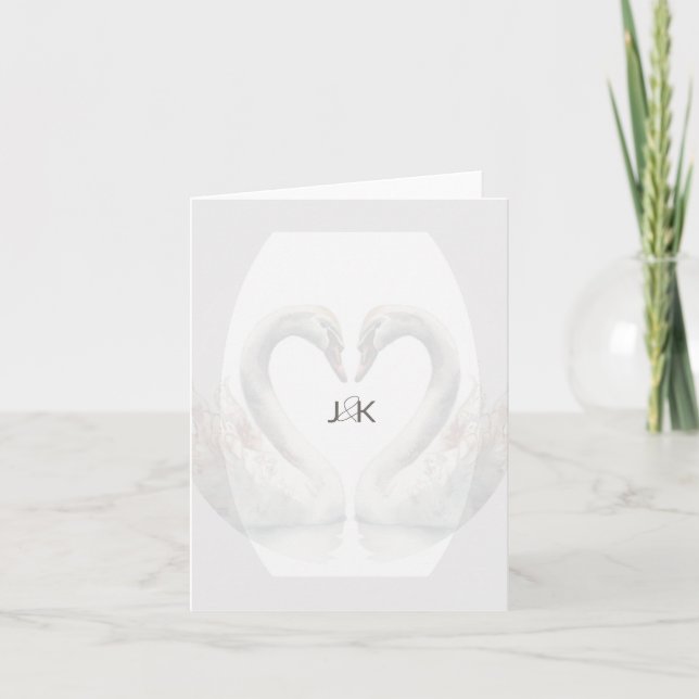 Romantische Swan Couple Monogram Faltkarte (Vorderseite)