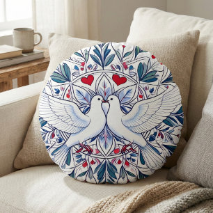 Romantische Tauben und florales Herz-Mandala Rundes Kissen
