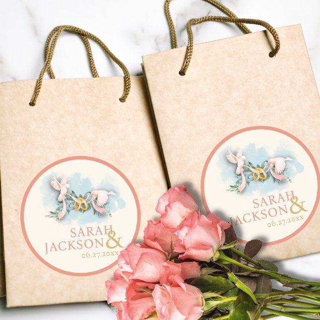 Romantische Taubenkorallenhochzeit Runder Aufkleber (Von Creator hochgeladen)