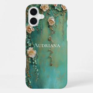 Romantische Teal-Rosa-Blüten iPhone 16 Plus Hülle