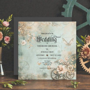Romantische Teal-Steampunk-Zahnräder-Hochzeitseinl Einladung