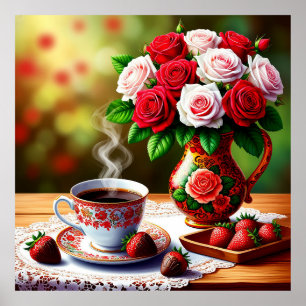 Romantische Tischdekoration mit Rosen, Kaffee Poster
