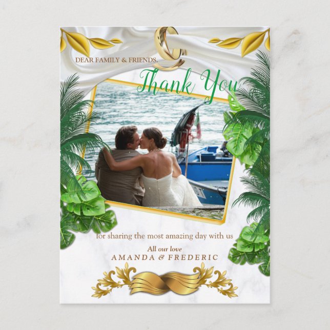 Romantische tropische Hochzeit Vielen Dank Postkarte (Vorderseite)