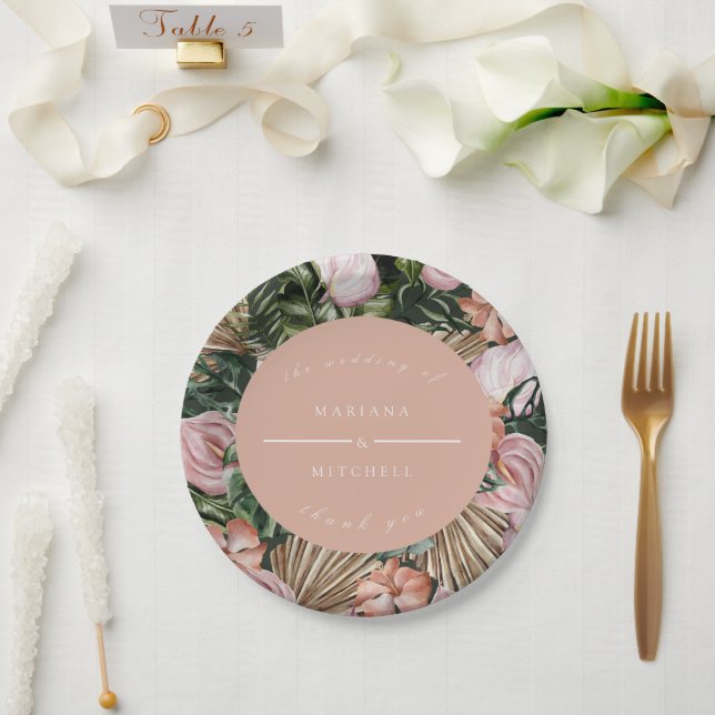 Romantische tropische, weiche, rosa grüne Pfirsich Pappteller (Hochzeit)