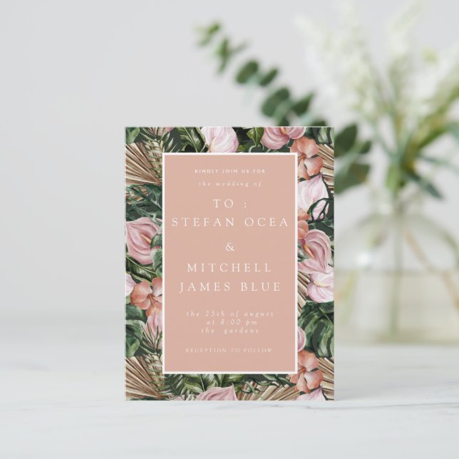 Romantische tropische, weiche, rosa grüne Pfirsich Postkarte (Stehend Vorderseite)