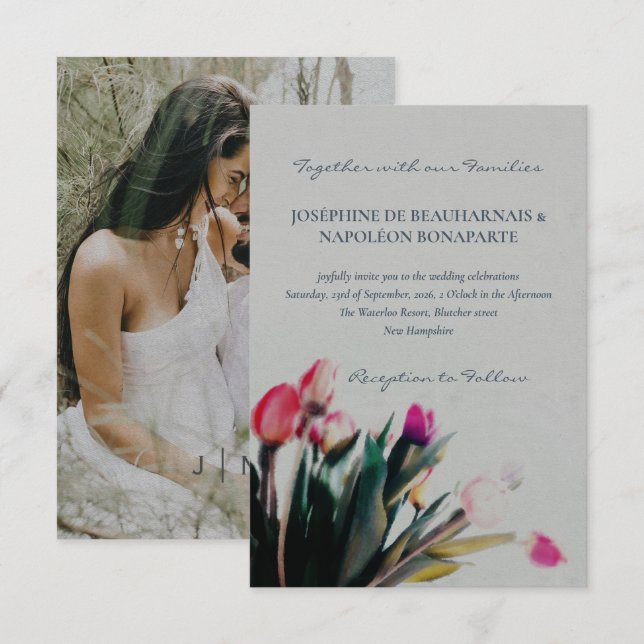 Romantische Tulpen Wasserfarbe mit Foto Hochzeit Einladung (Vorne/Hinten)