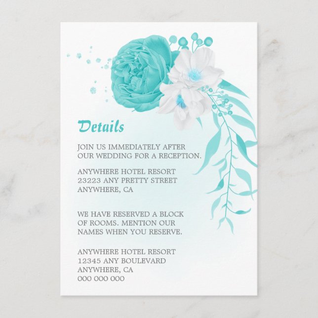 Romantische türkisblaue Blumendetails Hochzeit Begleitkarte (Vorderseite)