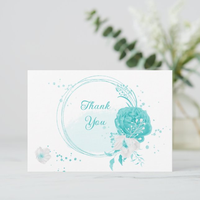 romantische türkisfarbene Blume botanische Hochzei Dankeskarte (Stehend Vorderseite)