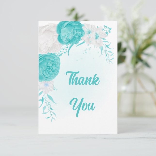 romantische türkisfarbene Blume botanische Hochzei Dankeskarte (Stehend Vorderseite)