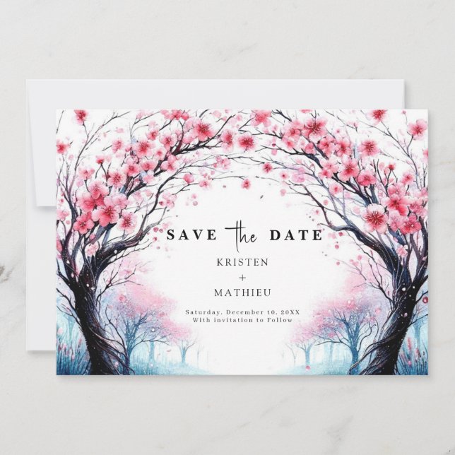 Romantische Typografie Cherry Blossom Hochzeit Save The Date (Vorderseite)