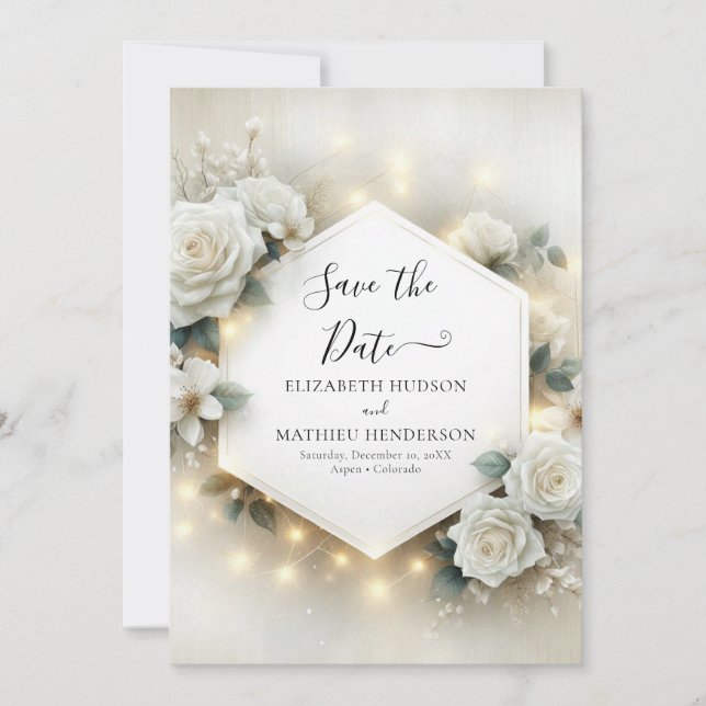 Romantische Typografie White Roses Wedding Save The Date (Vorderseite)