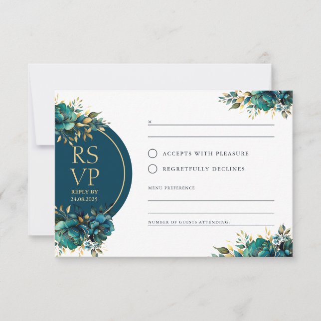 Romantische UAWG türkisfarbene Blume mit Goldakzen RSVP Karte (Vorderseite)