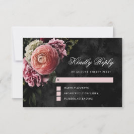Romantische und moody-rosa Bouquet auf schwarz RSVP Karte