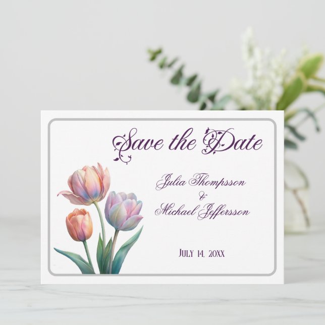 Romantische und poetische Pasta Tulips Wasserfarbe Save The Date (Stehend Vorderseite)