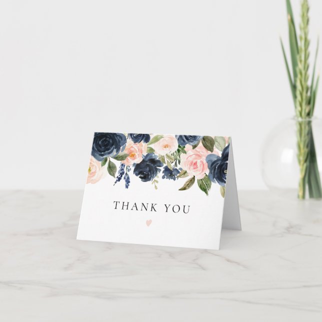 Romantische und süße Navy Blush Floral Dankeskarte (Vorderseite)