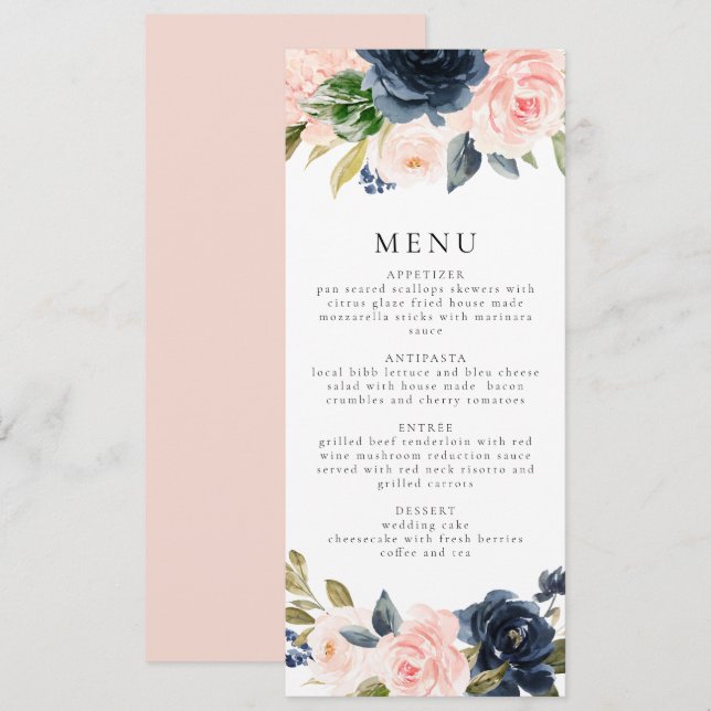 Romantische und süße Navy Blush Floral Dinner Einladung (Vorne/Hinten)