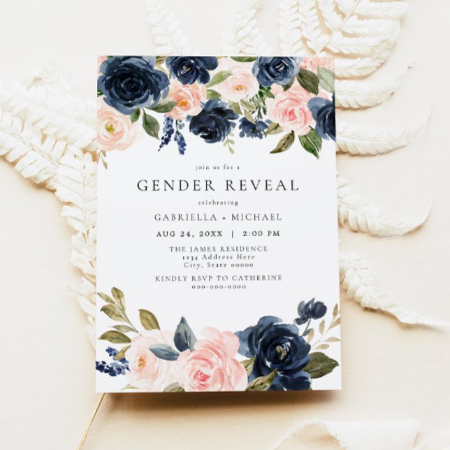Romantische und süße Navy Blush Floral Gender Reve Einladung (Von Creator hochgeladen)