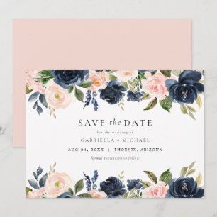 Romantische und süße Navy Blush Floral Save the Da Einladung