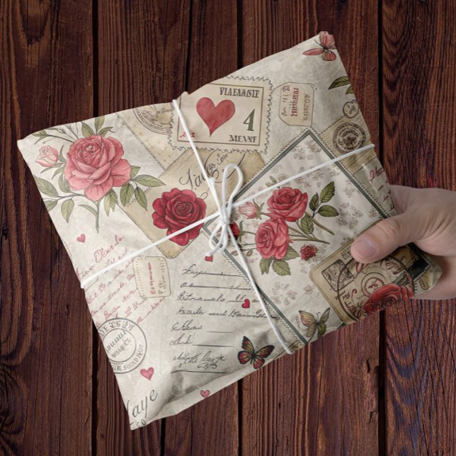 Romantische Valentine Dekoupage Rose Herz Buchstab Seidenpapier (roses hearts stamps romantic wrapping tissue)