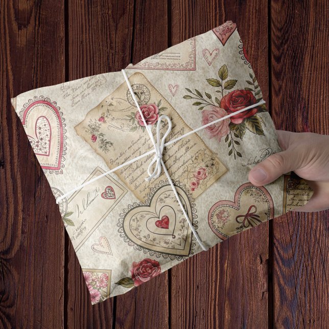 Romantische Valentine Dekoupage Rose Herz Buchstab Seidenpapier (romantic vintage wrapping tissue for anniversary valentines day)