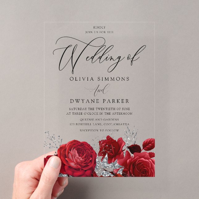 Romantische Valentines Rote Rose Arch Wedding Acryleinladungen (Insitu (Handheld))
