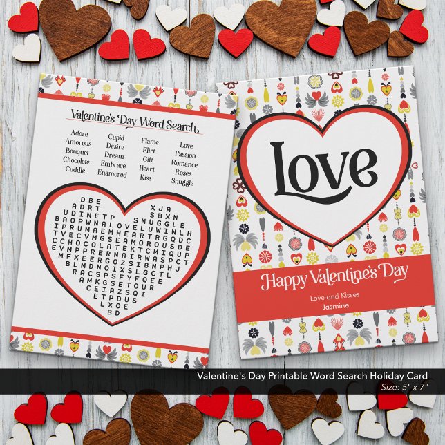 Romantische Valentintagsausdruckbare Wortsuche Feiertagskarte (Valentine's Day Search Card–Printable Holiday Activity)