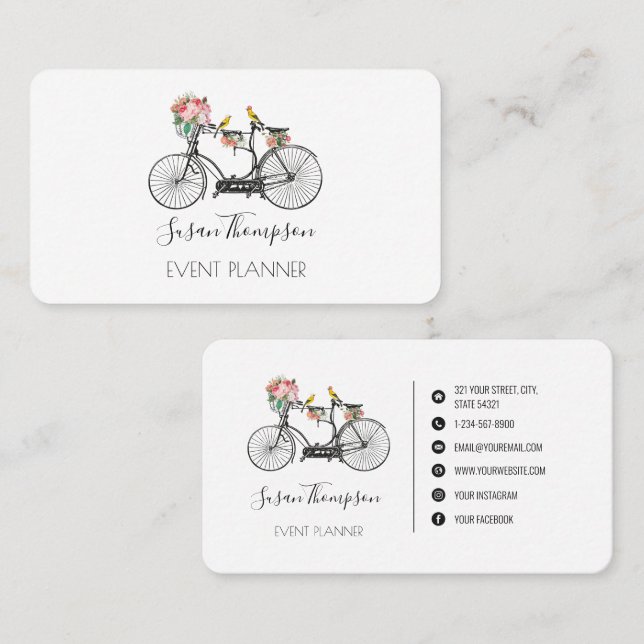 Romantische Vintage Bicycle Blume Eventplaner Visitenkarte (Vorne/Hinten)