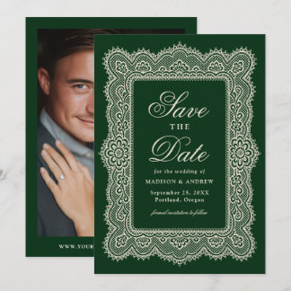 Romantische Vintage-Grüner-Spitze-Hochzeit Save The Date