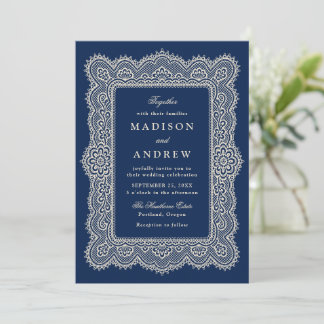 Romantische Vintage-Navy-Spitze-Hochzeit Einladung
