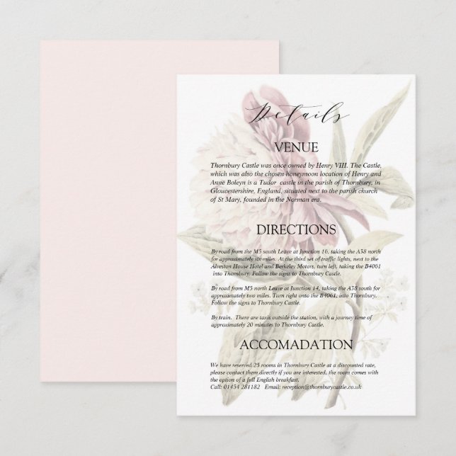 Romantische Vintage Peony Wedding Details Begleitkarte (Vorne/Hinten)