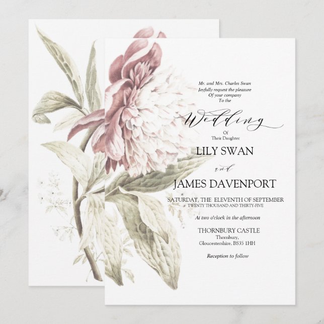 Romantische Vintage Peony Wedding Einladung (Vorne/Hinten)