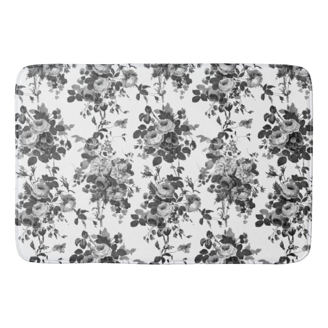 Romantische Vintage Rose grau auf weiß Badematte (Vorderseite)