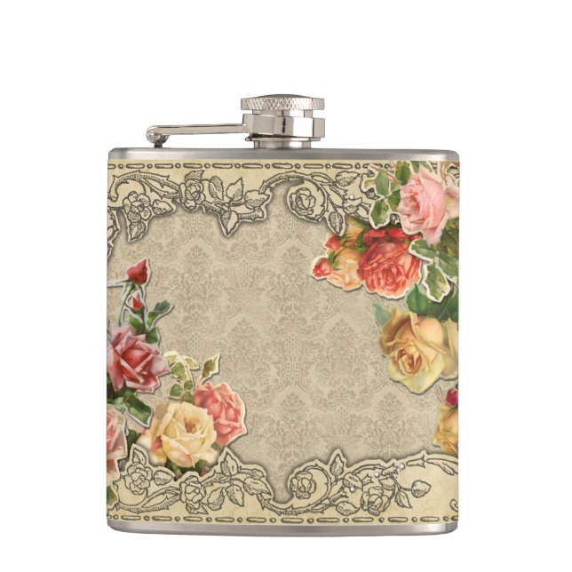 Romantische Vintage skulptierte Rose Flachmann (Vorderseite)