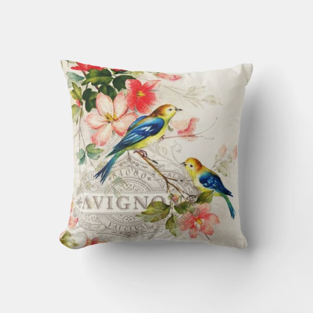 Romantische Vintage Vögel weiß mit französischem Kissen (Vorderseite)