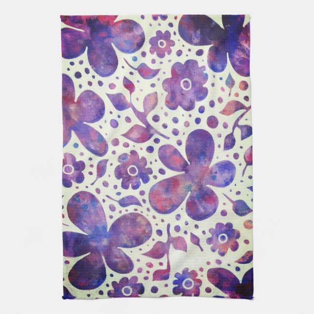 Romantische violette Blume und Blätter Originelle  Geschirrtuch (Vertikal)