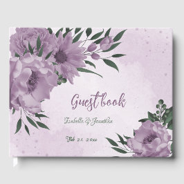 romantische violette Blumen botanische Hochzeit Gästebuch