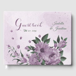 romantische violette Blumen botanische Hochzeit Gästebuch