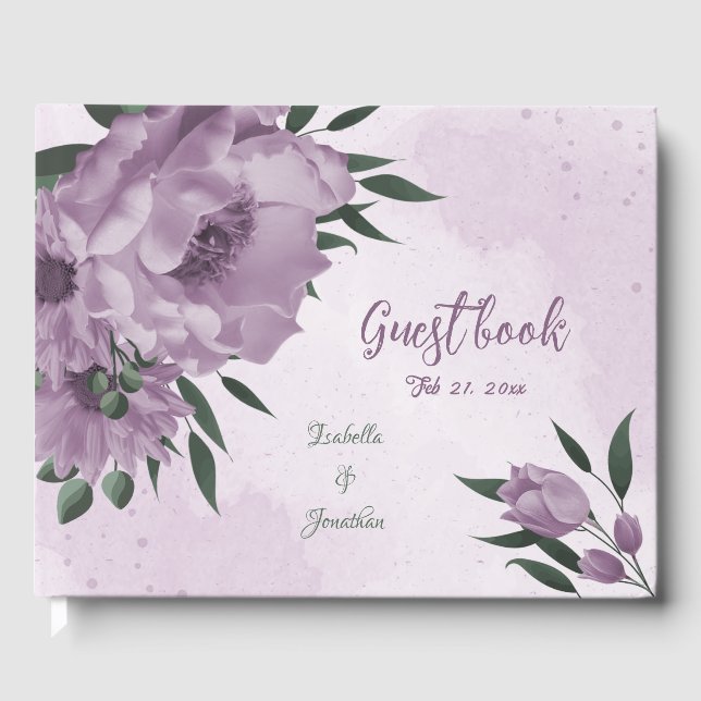 romantische violette Blumen botanische Hochzeit Gästebuch (Vorderseite)